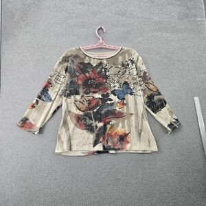 VINTAGE Jess & Jane Women Shirt XL Beige Floral Art Print Rhinestone Round Neck